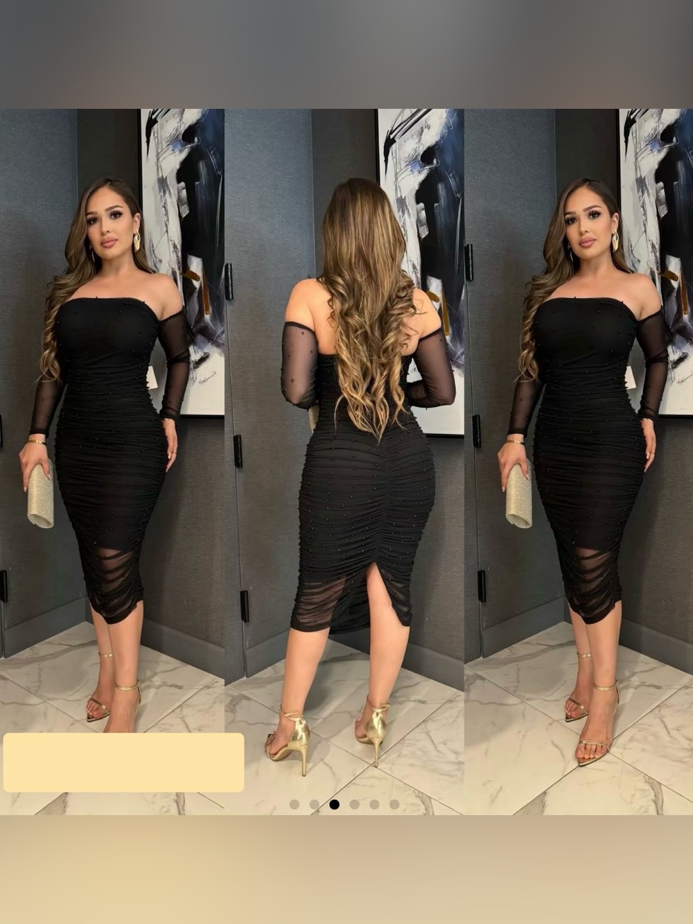 Hera Collection Black Off-Shoulder Mesh Ruched Midi Dress